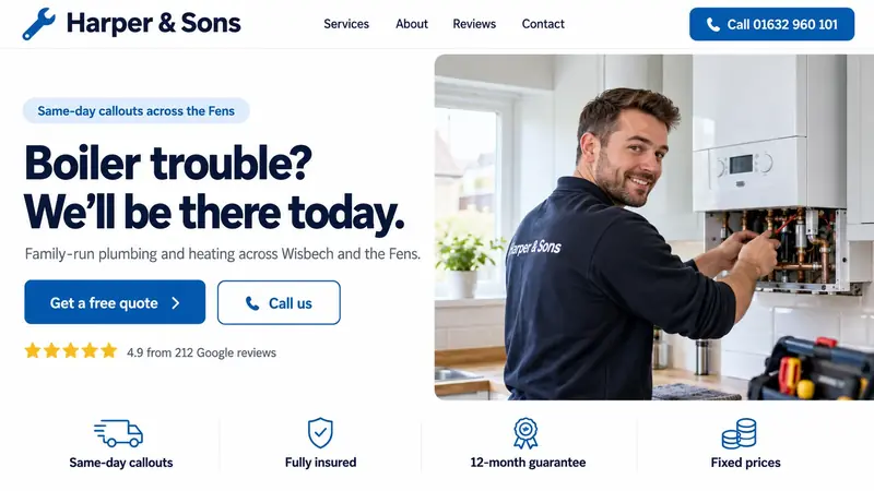 Concept homepage for a plumbing and heating firm, with a ‘Get a free quote’ button beside a photo of a plumber fixing a boiler