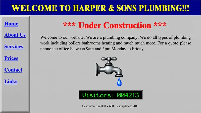 An outdated plumbing website before the redesign, with a yellow-on-navy banner, an ‘Under construction’ heading and a visitor counter