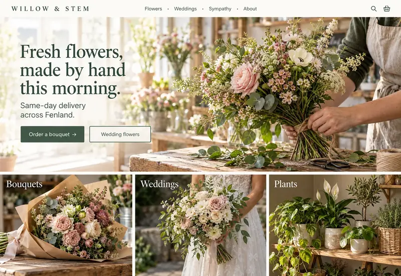 Concept homepage for a florist, showing a hand-tied bouquet being made and links to bouquets, weddings and plants