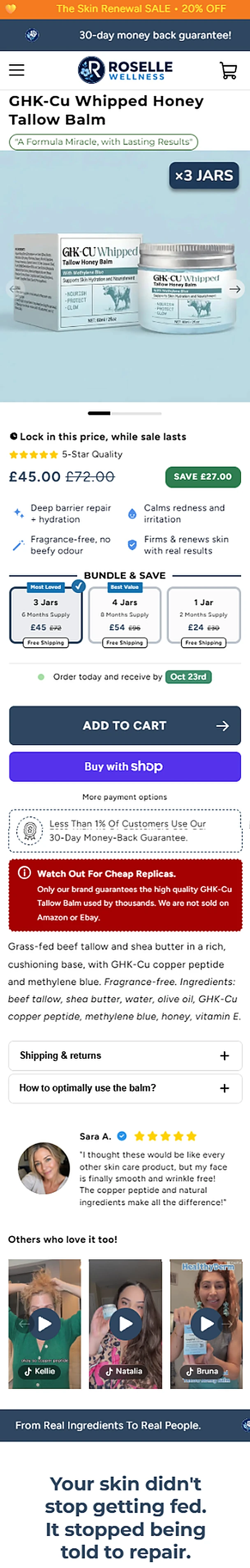 The Roselle Wellness GHK-Cu Whipped Tallow Balm product page on a phone: price, bundle choices, Add to cart button, guarantee, customer review and video testimonials