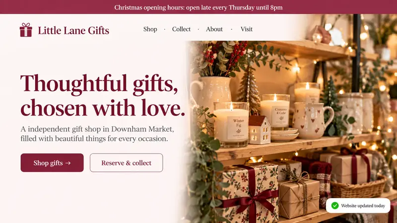 Concept gift shop homepage with a newly added Christmas opening hours banner, showing a small update done for the owner