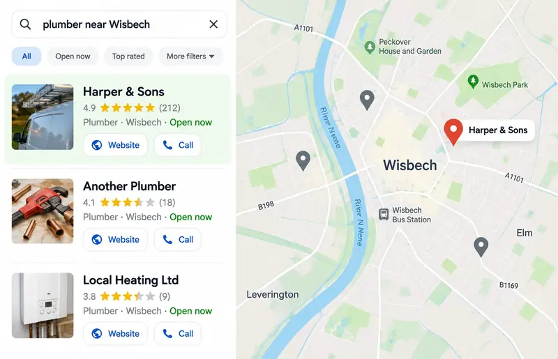 Illustration of a local map search for ‘plumber near Wisbech’, with an example business listed first