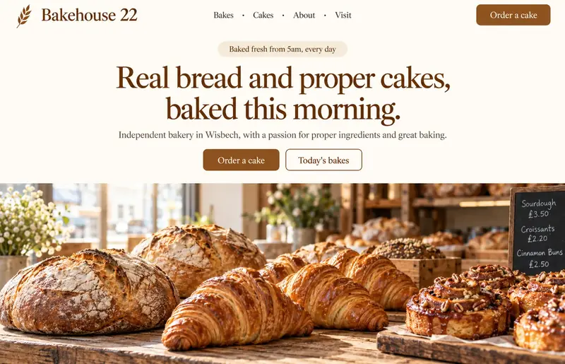 Concept homepage for a bakery, with an ‘Order a cake’ button above a counter of fresh bread and pastries