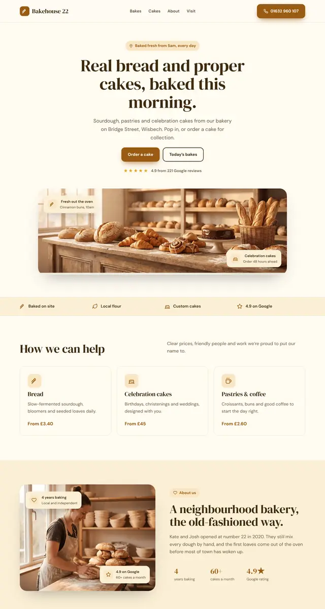 Concept homepage for a bakery, scrolling from daily bakes down to cake orders