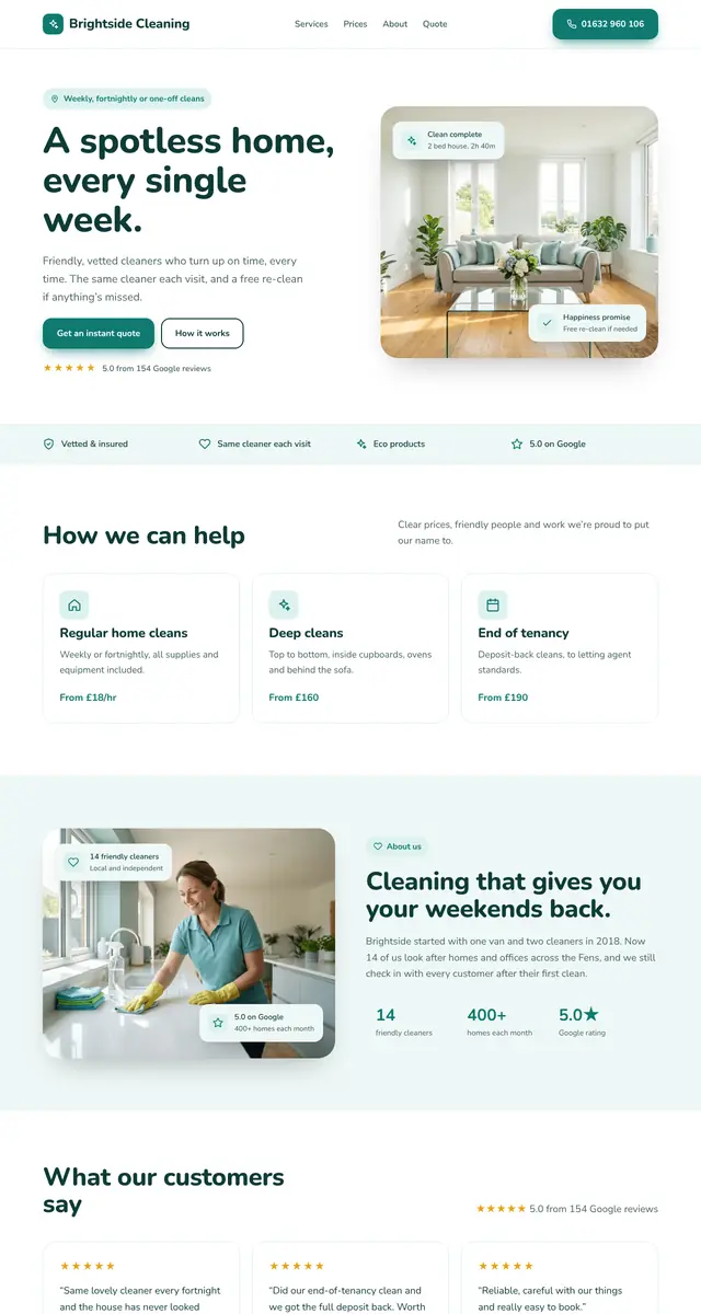 Concept homepage for a cleaning company, scrolling from instant quotes down to the happiness promise