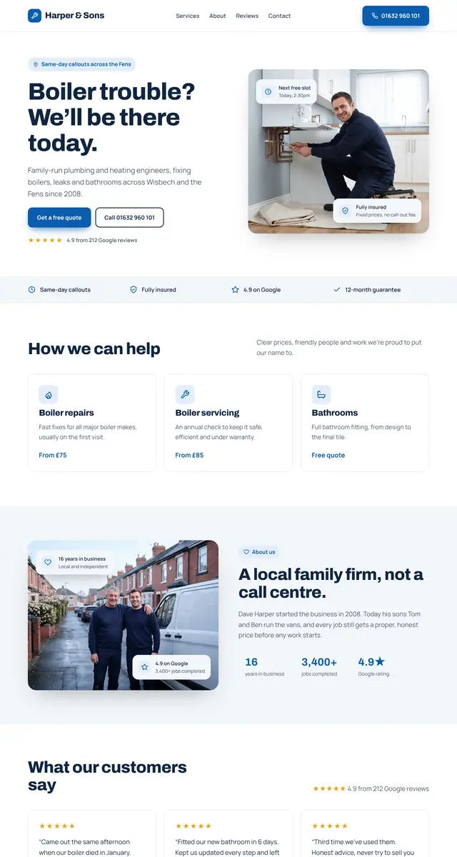 Concept homepage for a plumbing and heating firm, scrolling from the headline down to services and reviews