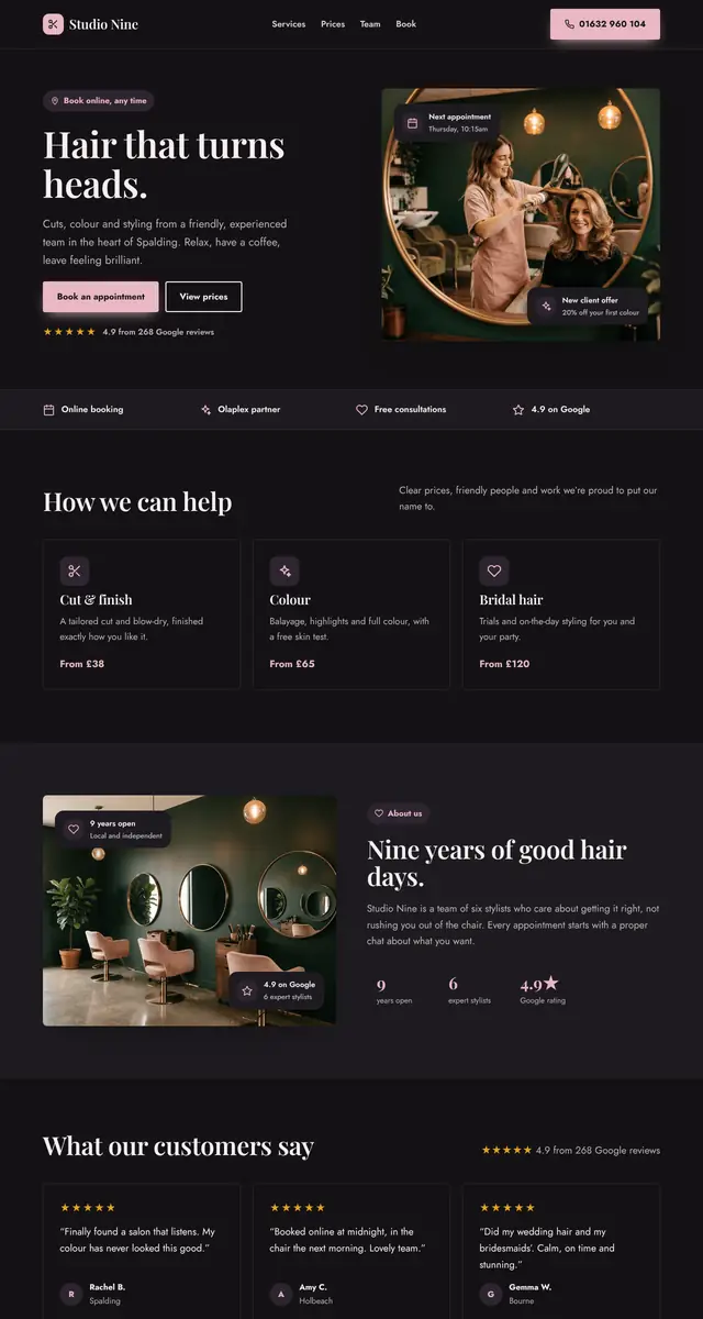 Concept homepage for a hair salon, scrolling from the welcome down to prices and booking
