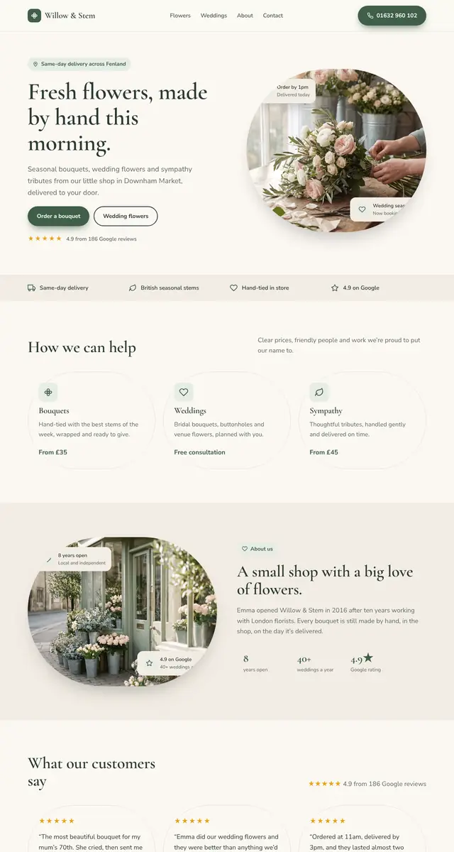 Concept homepage for a florist, scrolling from fresh bouquets down to weddings and delivery